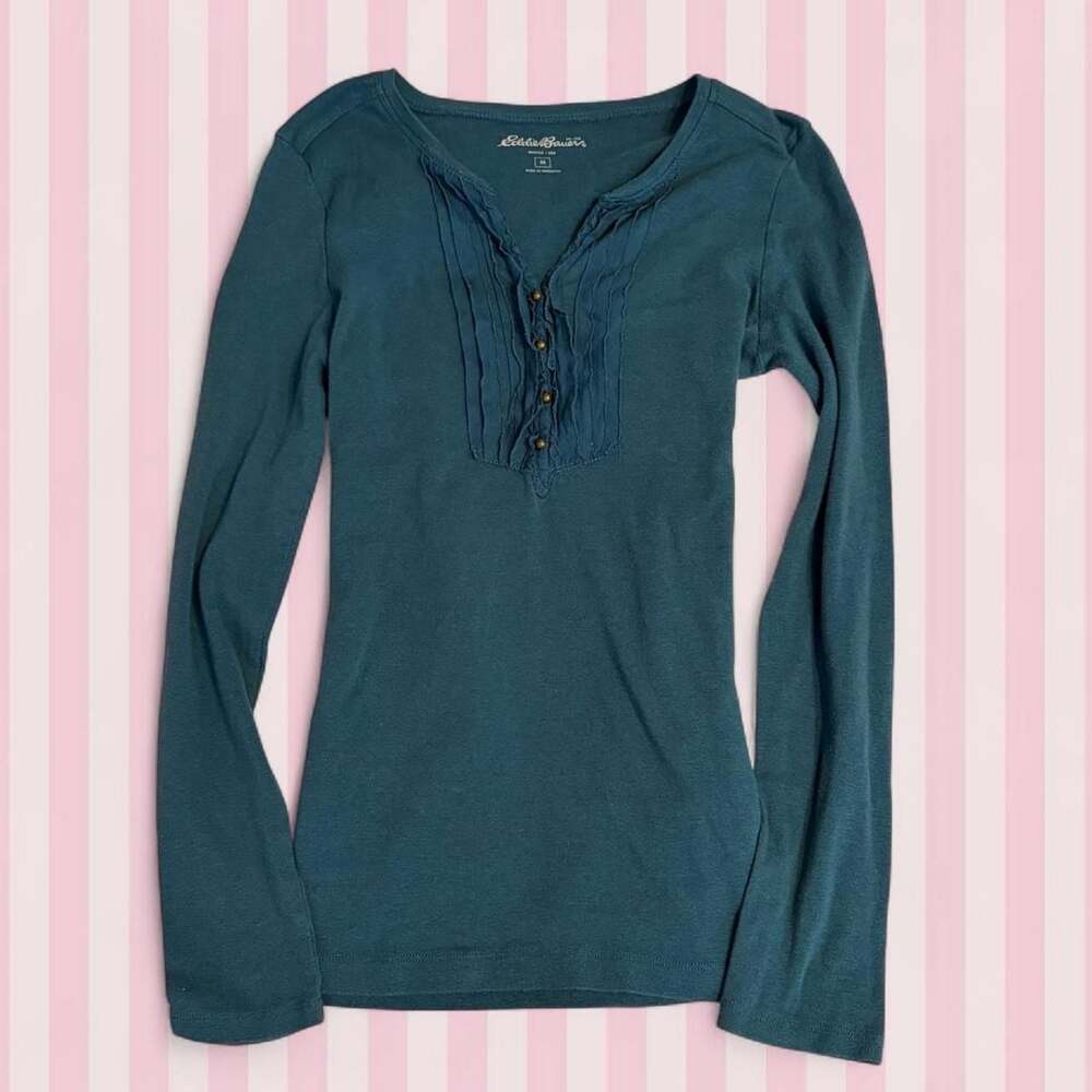 Eddie Bauer Long Sleeve Pleated Henley Top Teal Medium